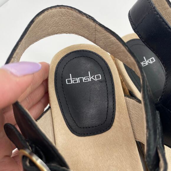 Dansko Black Leather Cork Peep-Toe Charlotte Wedge Sandals Women's size 41 / 10 - Picture 6 of 8